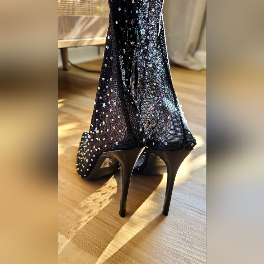 Stiletto rhinestone Bootie In Black a mid calf high shaft - Picture 7 of 7